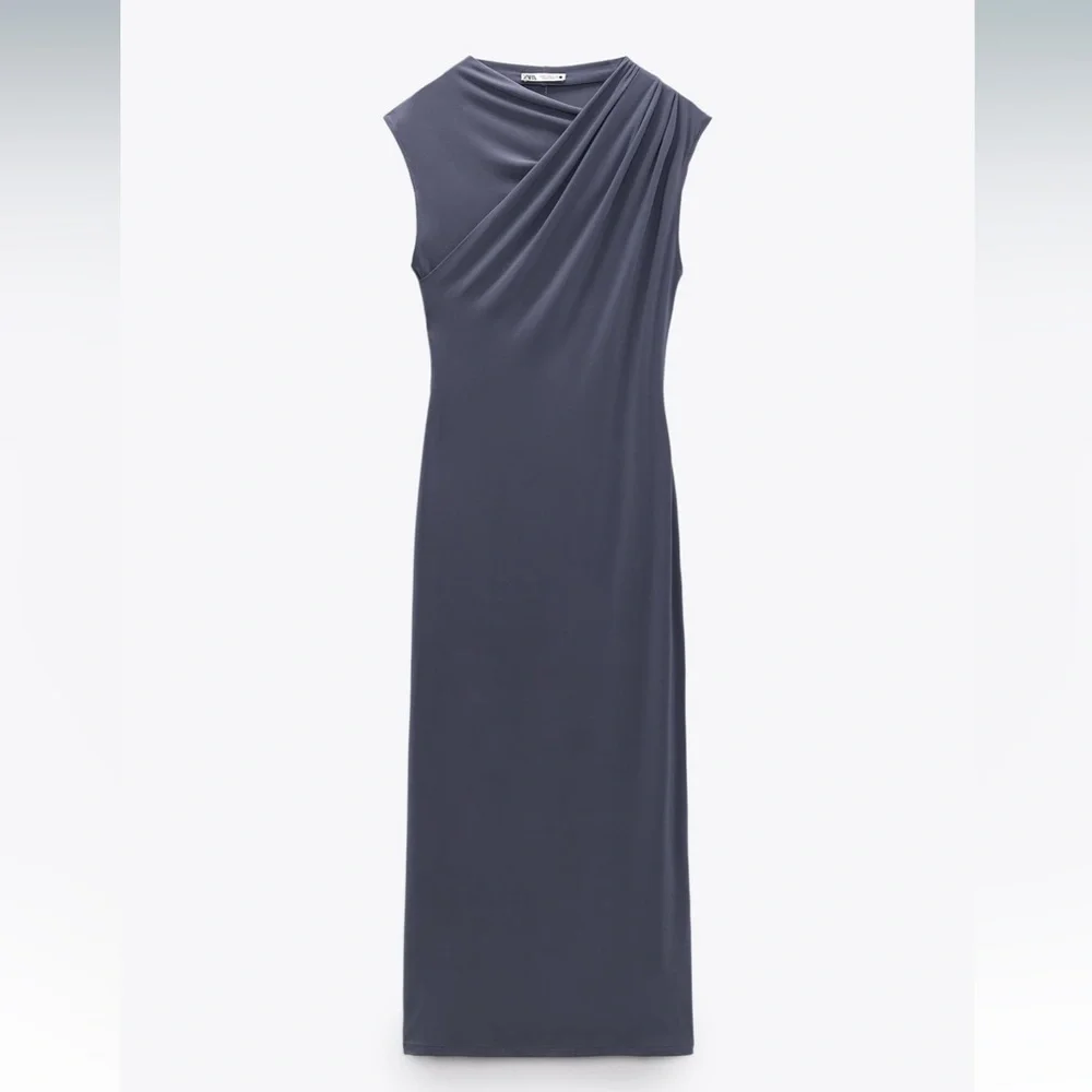 Zara NWOT gray draped stretchy midi dress - Picture 2 of 6